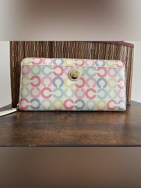 Coach Multicolor Circle Signature Wallet - White with Pink, Blue, Green, Yellow